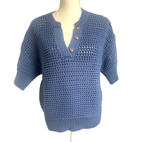 Haven Well Within Sweaters - Haven Well Within Blue  Cable Knit Short Sleeve  Henley Sweater Women's‎ Medium